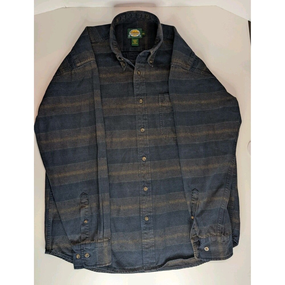 Vintage Cabelas Mens L Flannel Shirt Blue Brown Ombre Plaid Button Down 90s Y2K